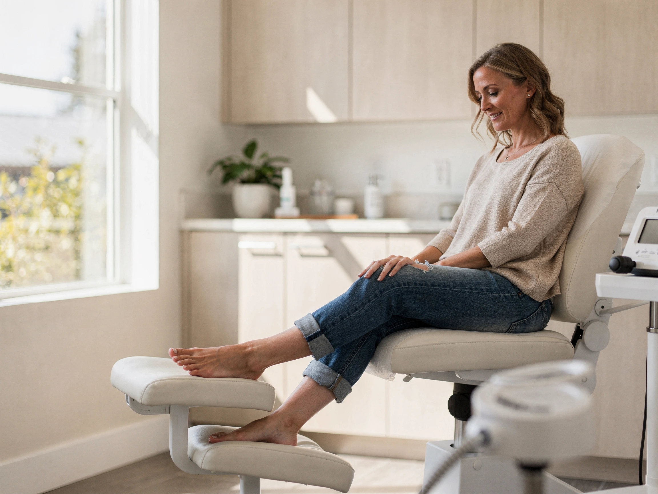 Smiling woman in a podiatry chair with bare feet on the leg rest – podiatry care in McMinnville, OR
